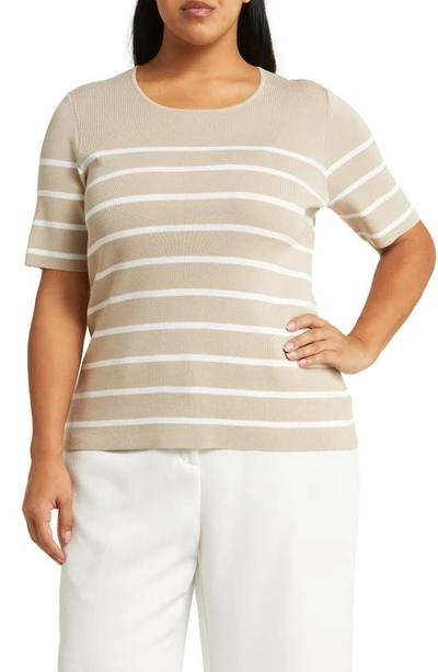 Tahari Stripe Short Sleeve Sweater In Sand Ivory