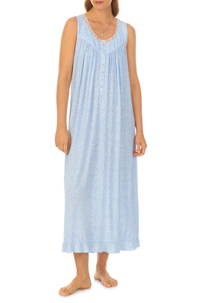 Eileen West Floral Lace Trim Sleeveless Ballet Nightgown In Blue Print