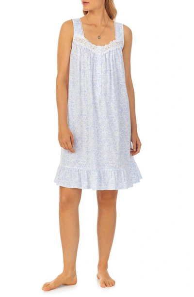 Eileen West Floral Lace Trim Sleeveless Short Nightgown In White Blue