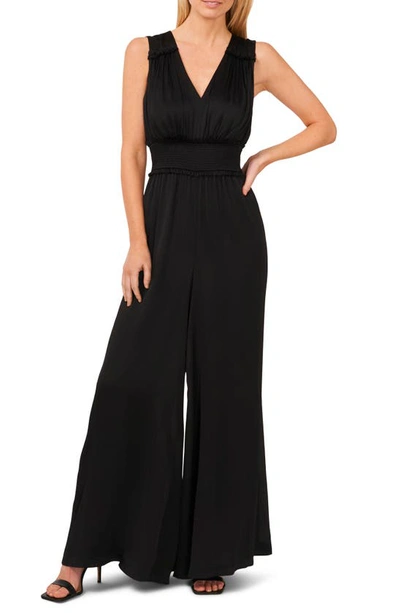 Cece Smocked Waist Sleeveless Wide Leg Jumpsuit In Rich Black