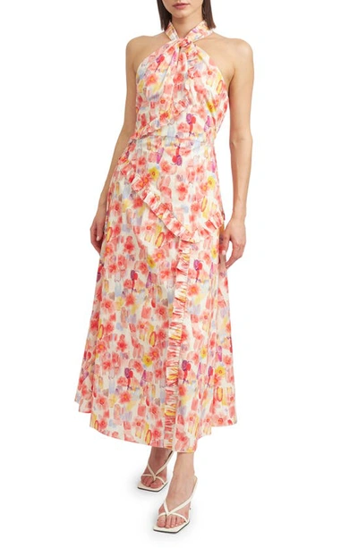 En Saison Giada Print Ruffle Sleeveless Midi Dress In Coral Multi