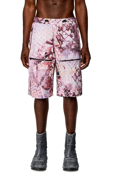Diesel P-mckell-short Abstract Print Crinkled Nylon Shorts In Pink