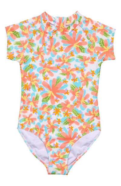 Snapper Rock Kids' Floral Short Sleeve One-piece Rashguard Swimsuit In Coral Multi