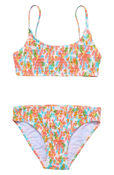 Snapper Rock Kids' Unisex Hawaiian Luau Sustainable Shirred Bikini In Orange Multi