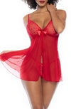 Mapalé Lace & Mesh Babydoll & G-string In Red