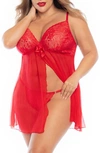 Mapalé Mapale Lace & Mesh Chemis & G-string In Red