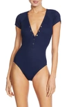Robin Piccone Amy Plunge Neck Cap Sleeve One-piece Swimsuit In Navy