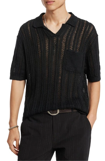 John Varvatos Odin Short Sleeve Textured Linen Sweater In Black