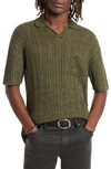 John Varvatos Odin Short Sleeve Textured Linen Sweater In Dark Moss