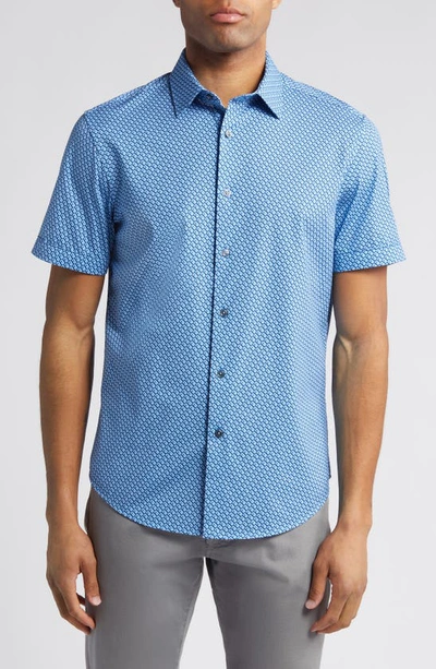 Bugatchi Miles Ooohcotton® Geometric Short Sleeve Button-up Shirt In Classic Blue