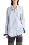 Dries Van Noten Oversize Stripe Button-up Cocoon Shirt In Light Blue
