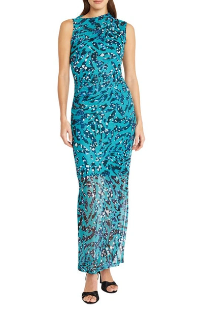 Donna Morgan For Maggy Shirred Sleeveless Maxi Dress In Teal Aqua/ Blue