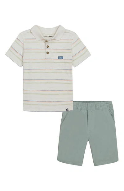 Lucky Brand Kids' Cotton Polo & Shorts Set In Beige/ Green