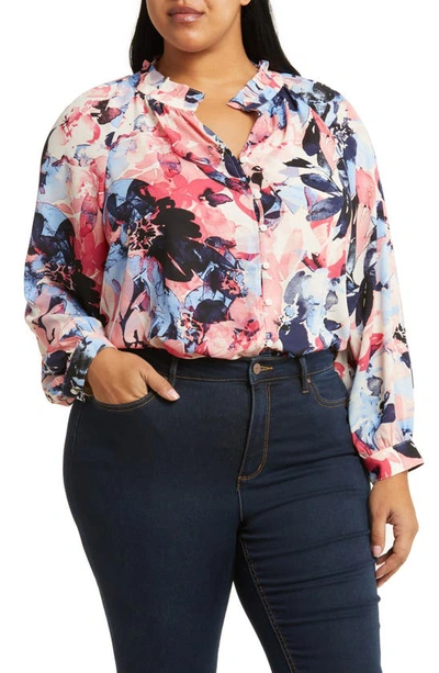 Jones New York Floral Button-up Peasant Top In Fresh Guava Multi