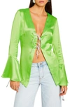 Retroféte Svea Bell Sleeve Satin Top In Fresh Lime