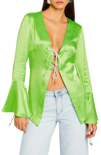 Retroféte Svea Bell Sleeve Satin Top In Fresh Lime