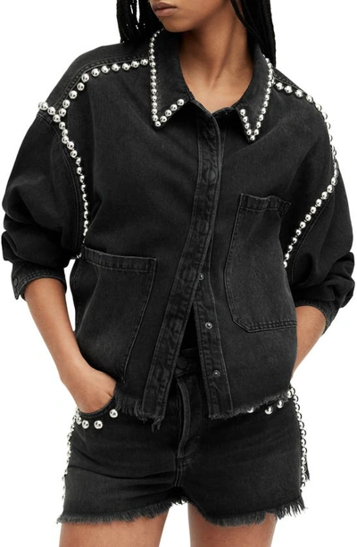 Allsaints Nicky Stud Raw Hem Denim Shirt Jacket In Washed Black