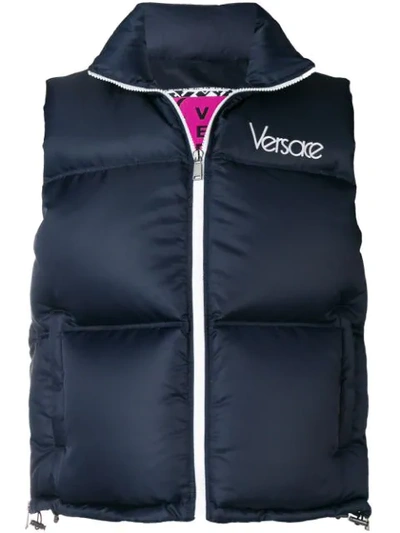 Versace Logo Embellished Down Vest In Blue