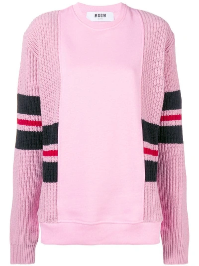 Msgm Stripe Mixed Media Sweater In Pink