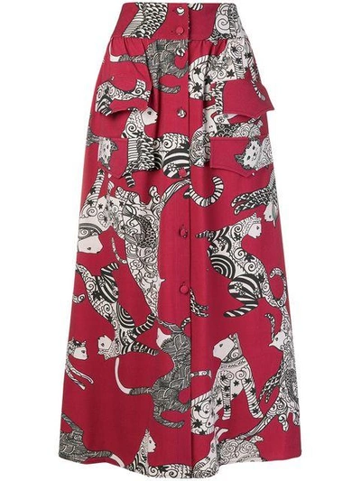 Ultràchic Cat Print Skirt In Red