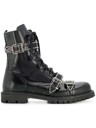 Christian Pellizzari Studded Buckled Ankle Boots In Black