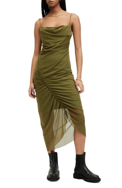 Allsaints Ulla Mesh Slipdress In Olive Green