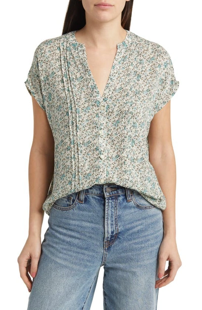 Treasure & Bond Allover Print Short Sleeve Top In Ivory P- Teal Lora Floral