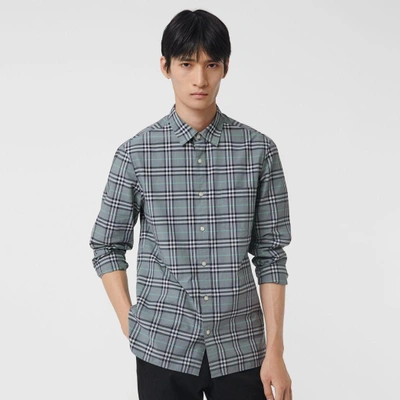 Burberry Check Cotton Shirt In Stone Blue
