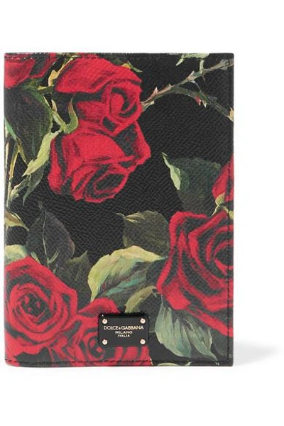 Dolce & Gabbana Floral-print Textured-leather Passport Cover In Black