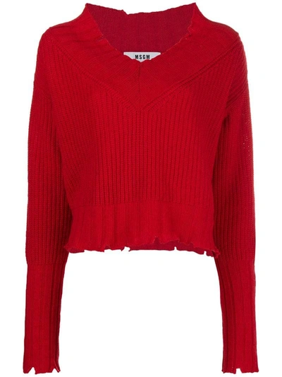 Msgm Chunky Knit Ripped-edge Sweater - Red