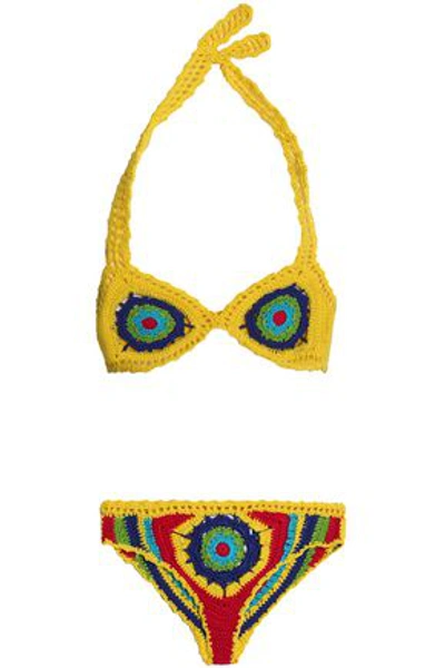 Moschino Woman Crocheted Cotton Triangle Bikini Yellow