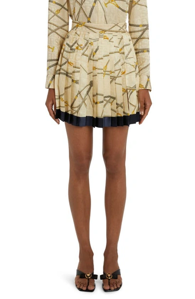 Versace Rope Logo Print Pleated Satin Miniskirt In Sand/ Gold