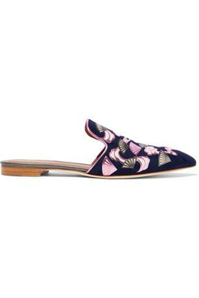 Malone Souliers Woman Marianne Leather-trimmed Appliquéd Suede Slippers Indigo