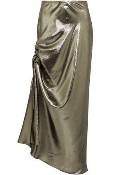 Ellery Laura Asymmetric Ruched Silk-blend Lamé Midi Skirt In Platinum