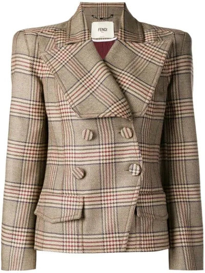 Fendi Double-breasted Prince Of Wales Checked Wool Jacket In Grey