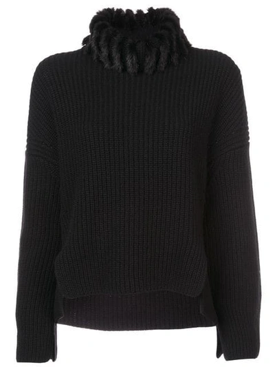 Fendi Chunky Knit Cashmere Sweater W/ Mink Fur Turtleneck In Black