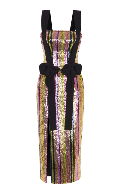 Rasario Bow Sequin Midi Dress In Metallic