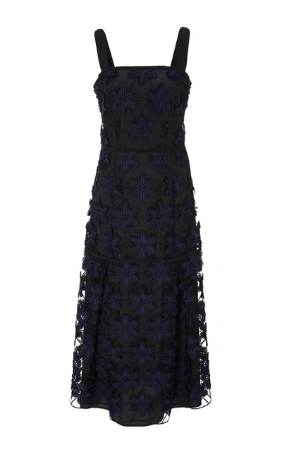 Paule Ka Floral Embroidered Midi Dress In Navy