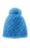 Pologeorgis The Knit Mink Hat With Fox Pom Pom In Blue
