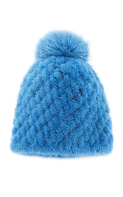 Pologeorgis The Knit Mink Hat With Fox Pom Pom In Blue