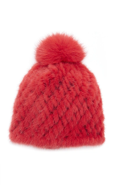 Pologeorgis The Knit Mink Hat With Fox Pom Pom In Red