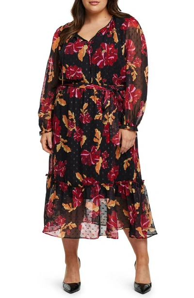 Estelle Floral Long Sleeve Chiffon Midi Dress In Print