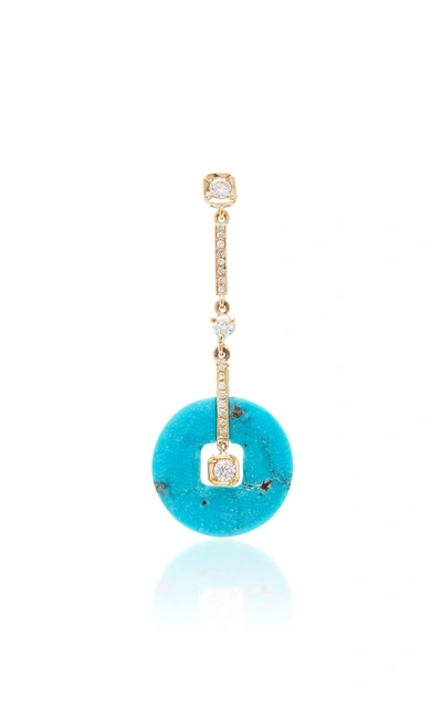 The Last Line Single Diamond And Turquoise Deco Drop Earring In Blue