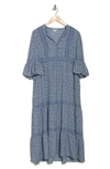 Max Studio Bubble Sleeve Crepe Maxi Dress In Navy Floral Cube