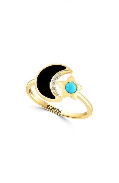 Effy Onyx Turquoise Diamond Crescent Moon & Star Ring In Yellow Gold Multi