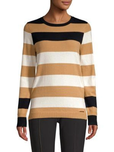 Donna Karan New York Striped Crewneck Sweater In Camel Combo