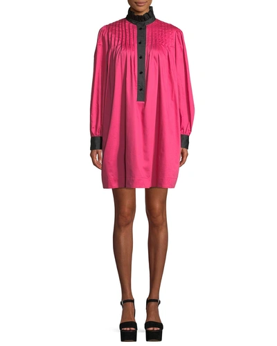 Marc Jacobs Ruffle-collar Bicolor Long-sleeve Cotton Pleated Shift Dress In Hot Pink