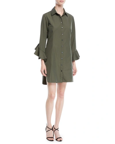 Finley Carmella Ruffle-sleeve Button-front Short Shirtdress In Olive