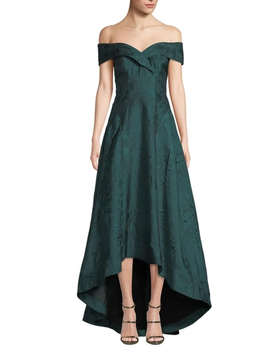 Rickie Freeman For Teri Jon Jacquard Off-the-shoulder High-low Dress In Emerald