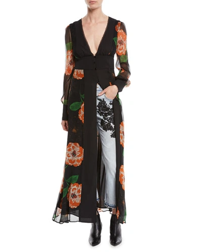 Le Superbe Mapplethorpe Plunging Floral-print Duster Dress In Red